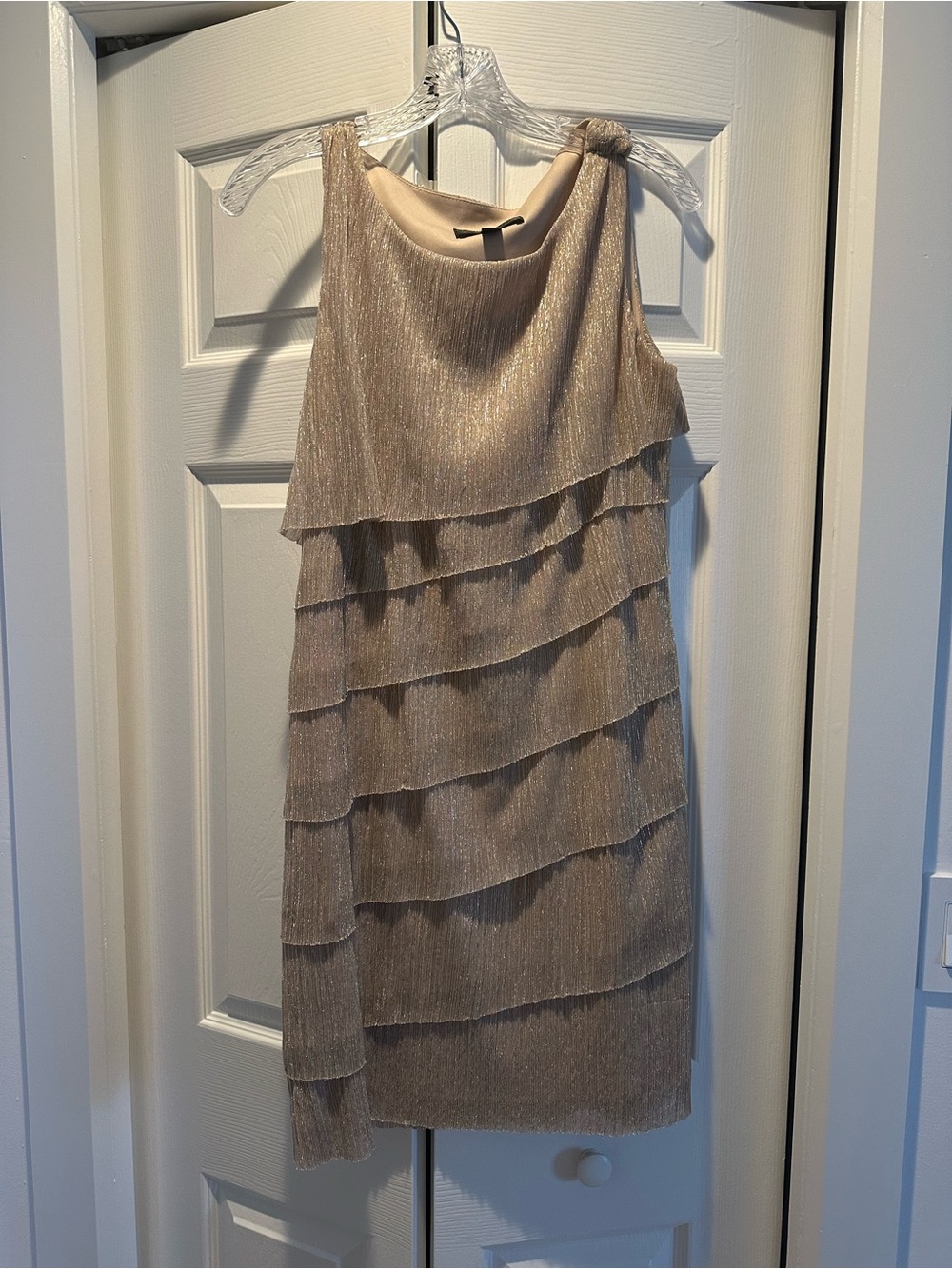 connected apparel One-Shoulder Tiered Metallic Dress in Champagne
